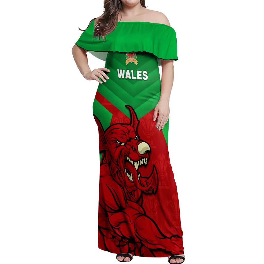 Custom Wales Rugby Off Shoulder Maxi Dress 2024 Six Nations Come On Cymru Mascot Sporty - Wonder Print Shop