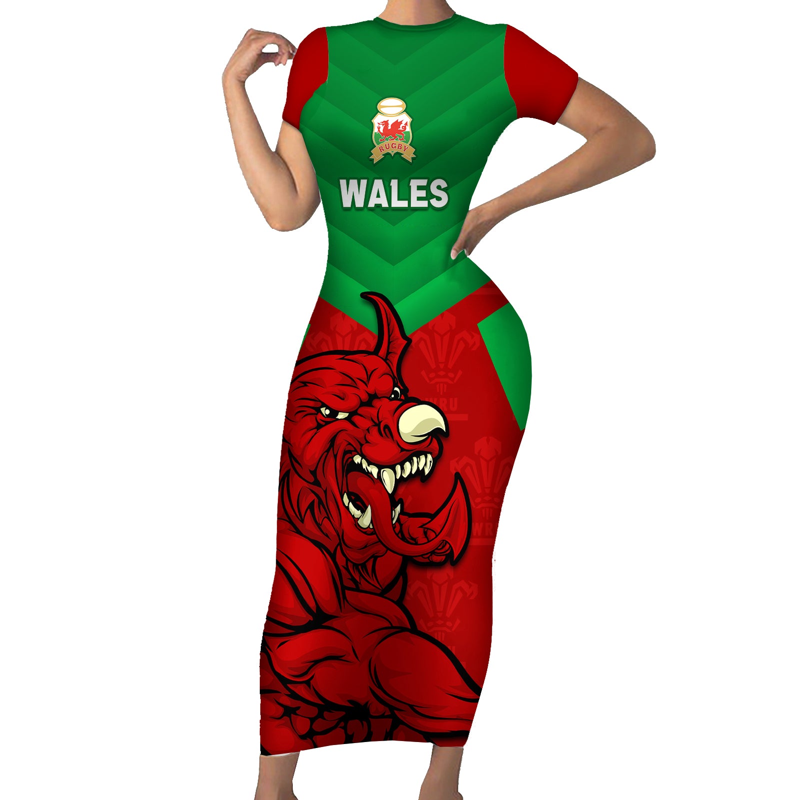 custom-wales-rugby-short-sleeve-bodycon-dress-2024-six-nations-come-on-cymru-mascot-sporty