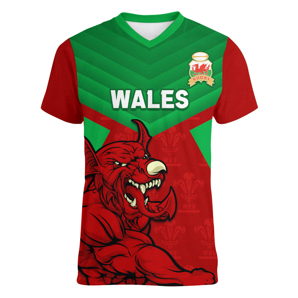 custom-wales-rugby-women-v-neck-t-shirt-2024-six-nations-come-on-cymru-mascot-sporty