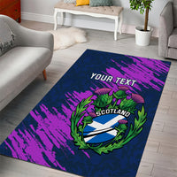 Navy area rug with 'YOUR TEXT' and Scotland shield in purple and green thistle wreath
