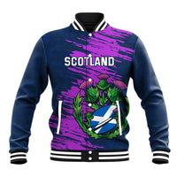 Unisex navy baseball jacket with purple Scotland graphic, striped collar and cuffs