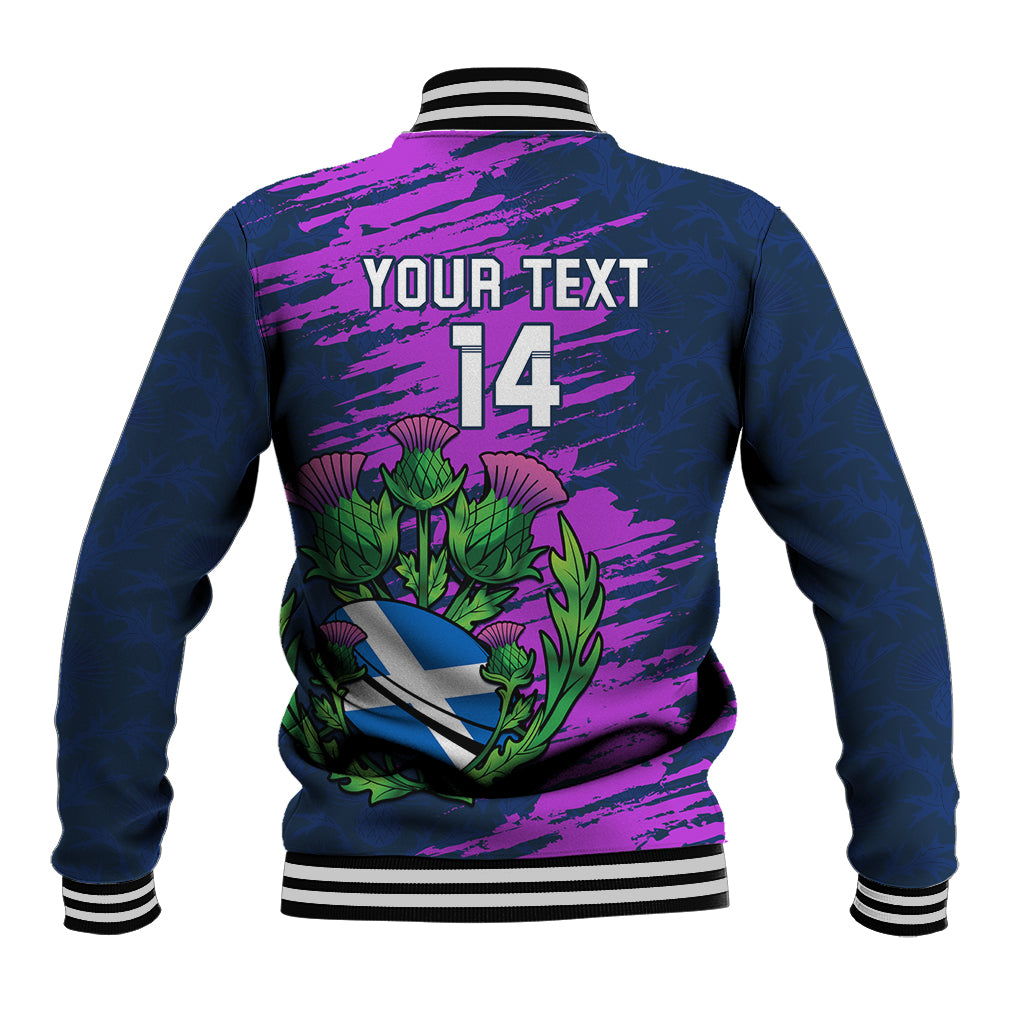 Unisex navy baseball jacket, purple back graphic with YOUR TEXT and 14, striped rib trim