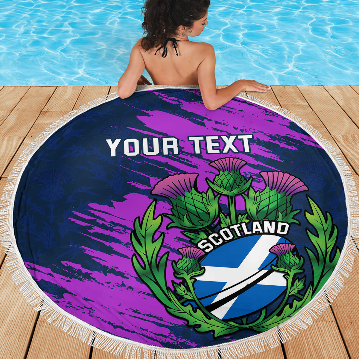 Navy and purple round beach blanket with YOUR TEXT, green thistle Scotland emblem, fringed border