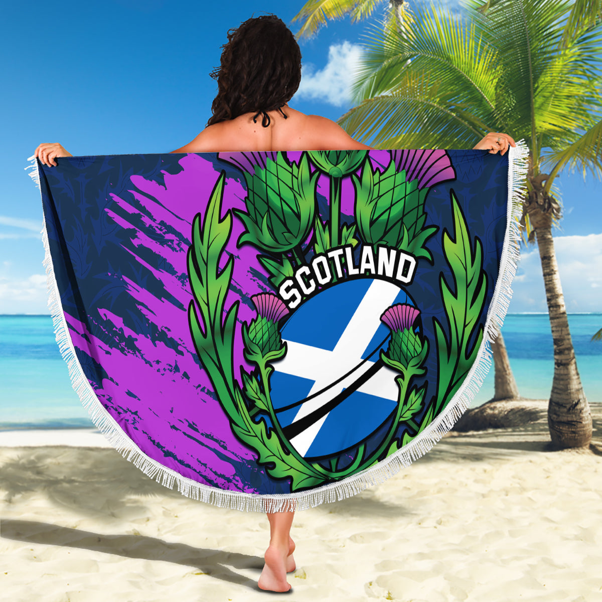 Scotland beach blanket with green thistle emblem on purple brush pattern and fringed border