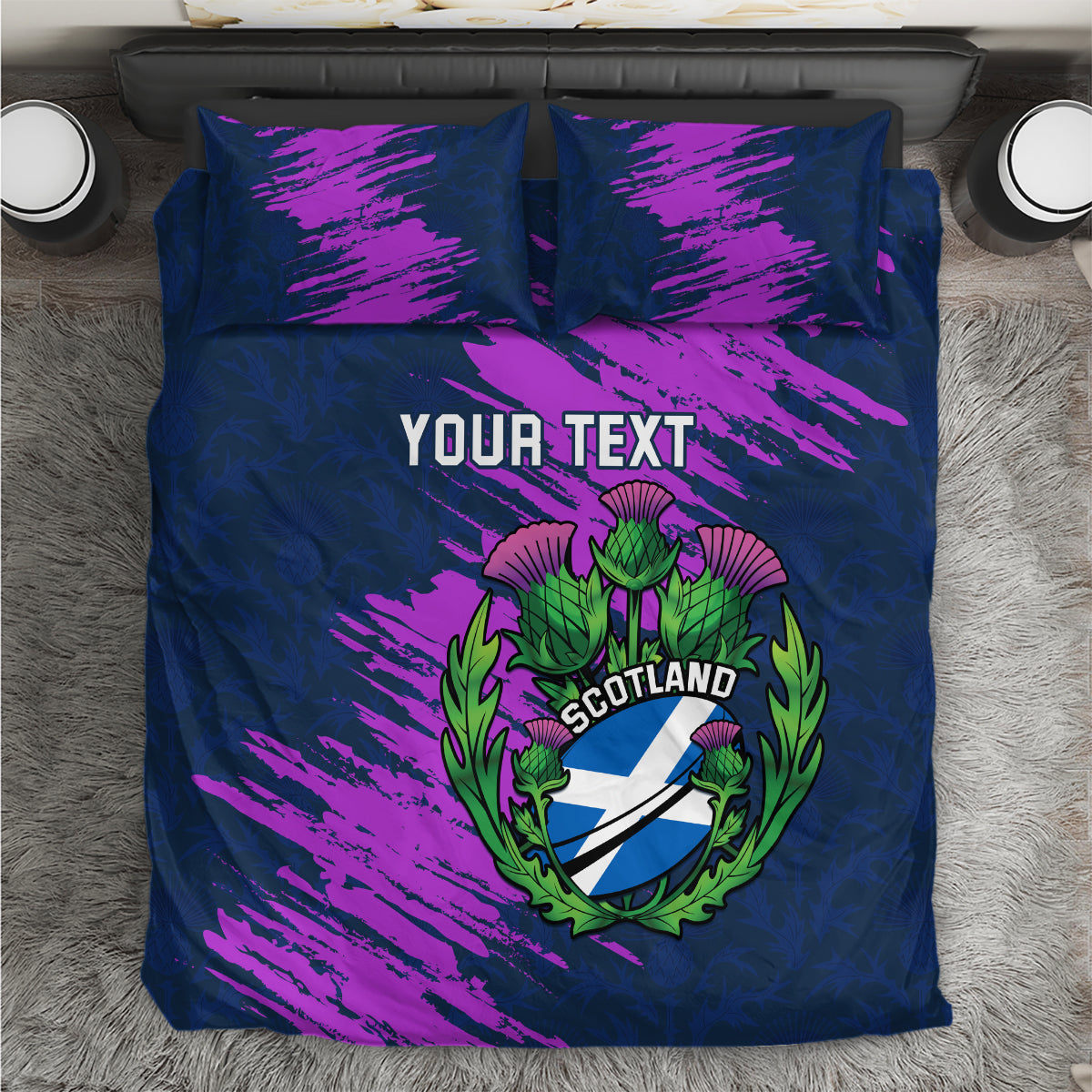 Rugby bedding set, navy with purple brush pattern, Scotland thistle crest, YOUR TEXT, 2 pillows