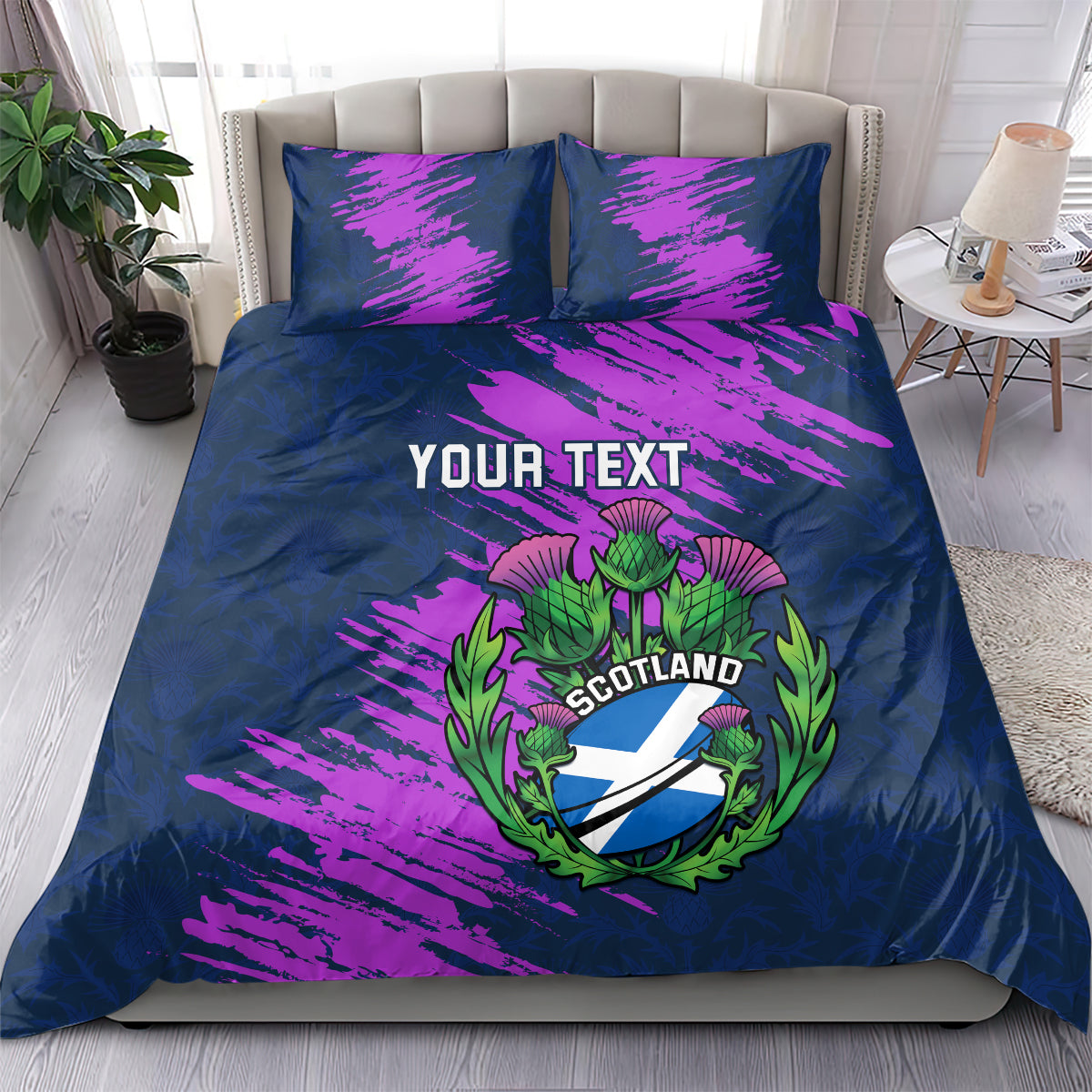 Rugby bedding set, navy duvet with purple strokes, Scotland thistle crest and YOUR TEXT, 2 pillows
