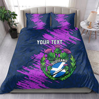 Rugby bedding set, navy duvet with purple strokes, Scotland thistle crest and YOUR TEXT, 2 pillows