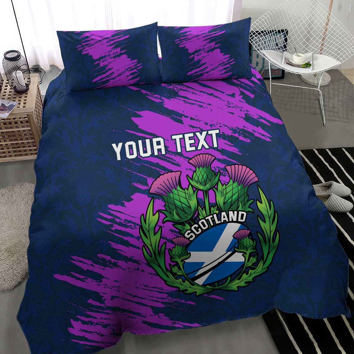 Rugby bedding set, navy and purple graphic print with Scotland thistle crest, YOUR TEXT, 2 pillows