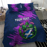Rugby bedding set, navy and purple graphic print with Scotland thistle crest, YOUR TEXT, 2 pillows