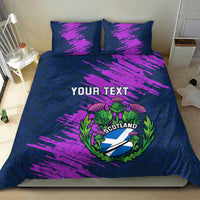 Rugby bedding set, navy duvet with purple streaks, Scotland thistle crest and YOUR TEXT, 2 pillowcases