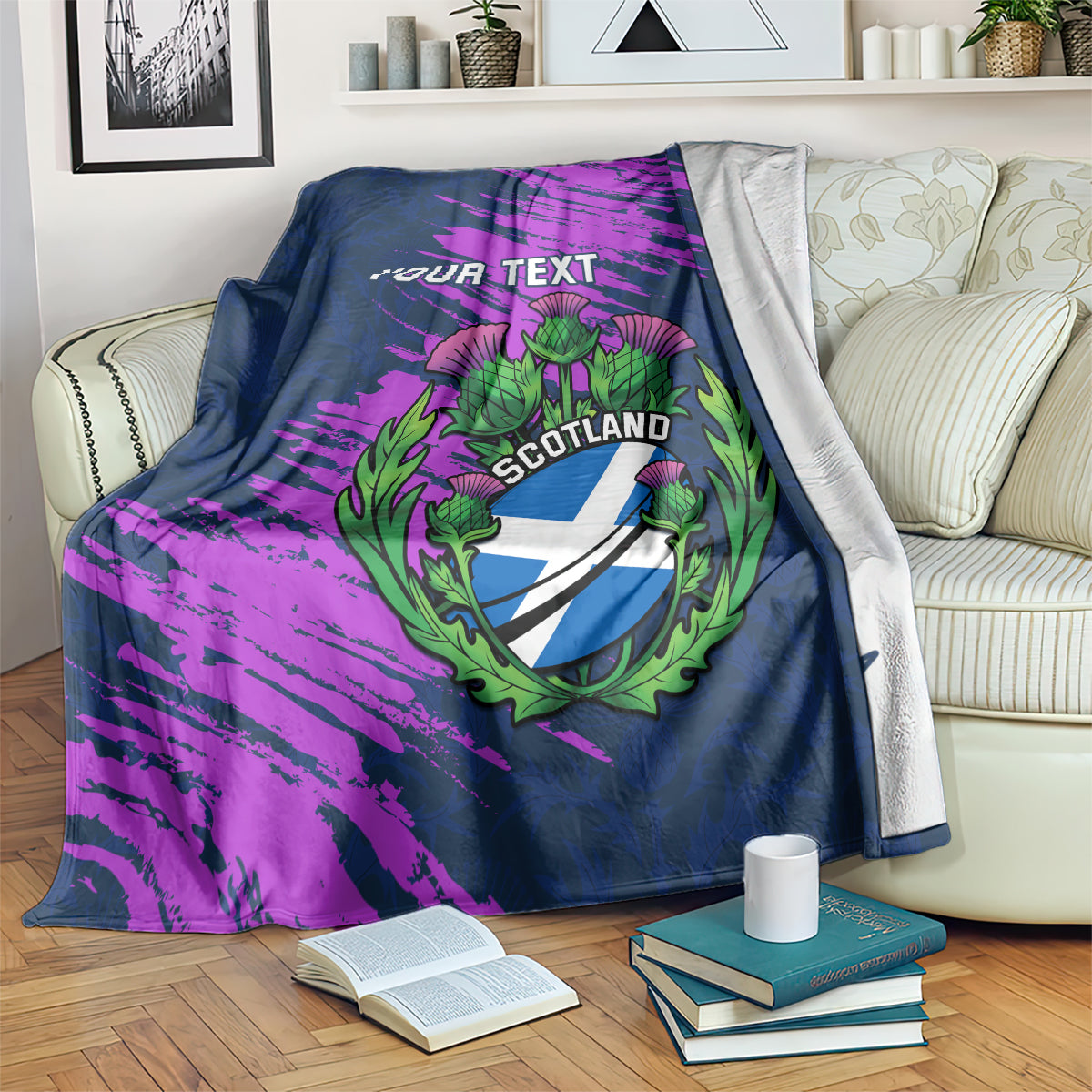 Navy rugby blanket with purple brush stripes and green Scotland thistle crest, YOUR TEXT