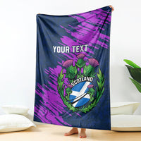 Navy rugby blanket hung display, purple brush pattern with YOUR TEXT and Scotland thistle crest