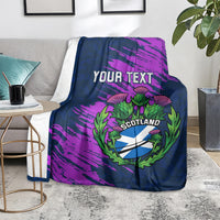 Navy rugby blanket on floor with purple brush pattern, YOUR TEXT and Scotland thistle crest