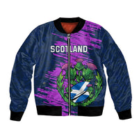 Navy blue bomber jacket with purple thistle crest, front zip and ribbed cuffs