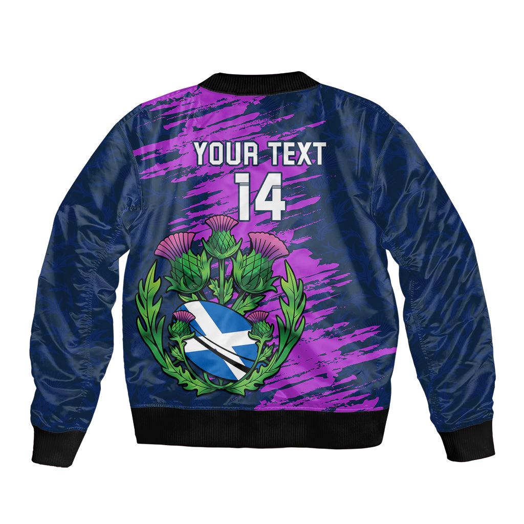 Navy blue bomber jacket back print with thistle crest, 'YOUR TEXT' and number 14