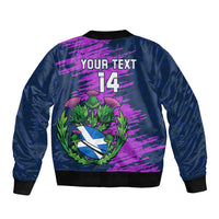 Navy blue bomber jacket back print with thistle crest, 'YOUR TEXT' and number 14