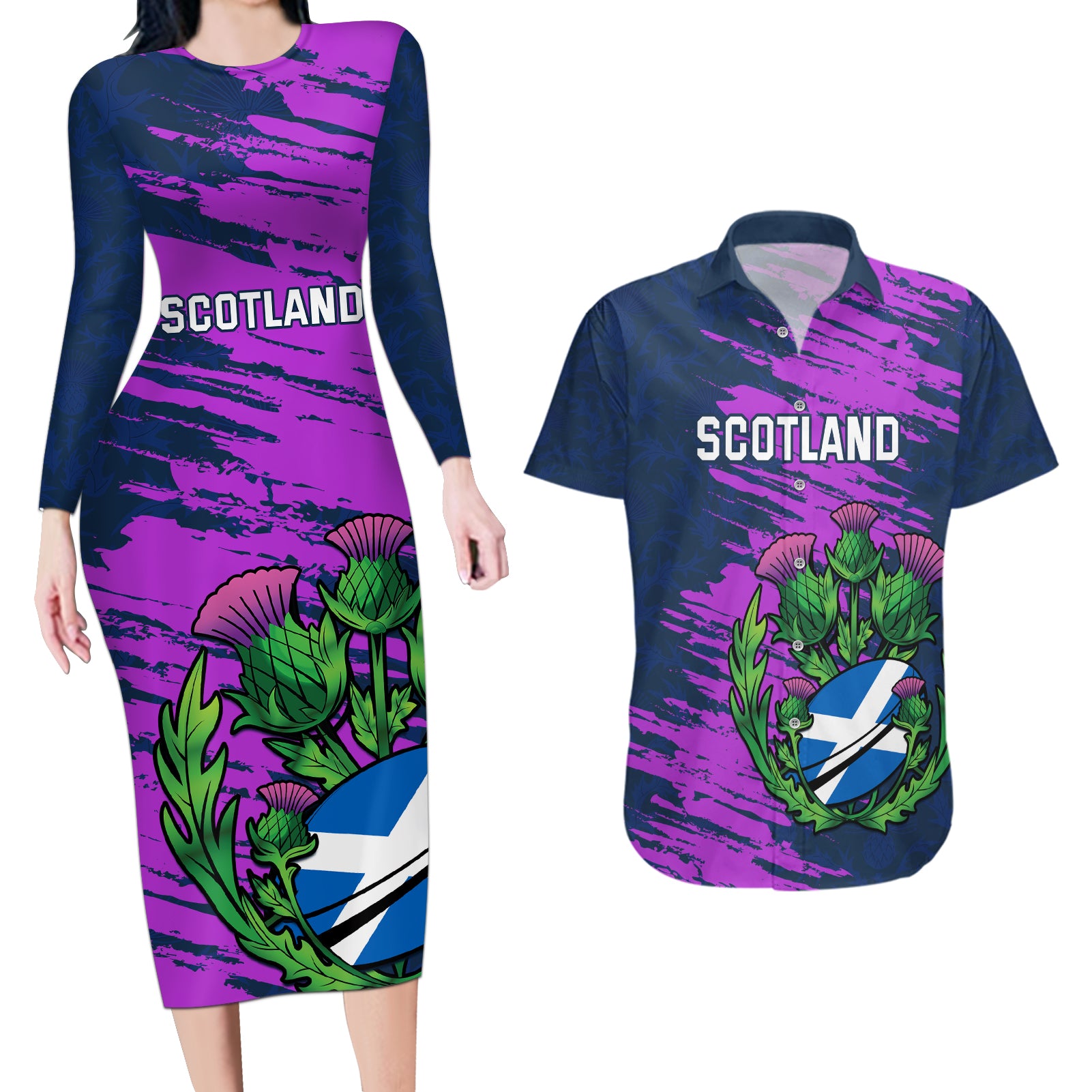 Custom Scotland Rugby Couples Matching Long Sleeve Bodycon Dress and Hawaiian Shirt 2024 Six Nations Go Scottish Thistle - Wonder Print Shop