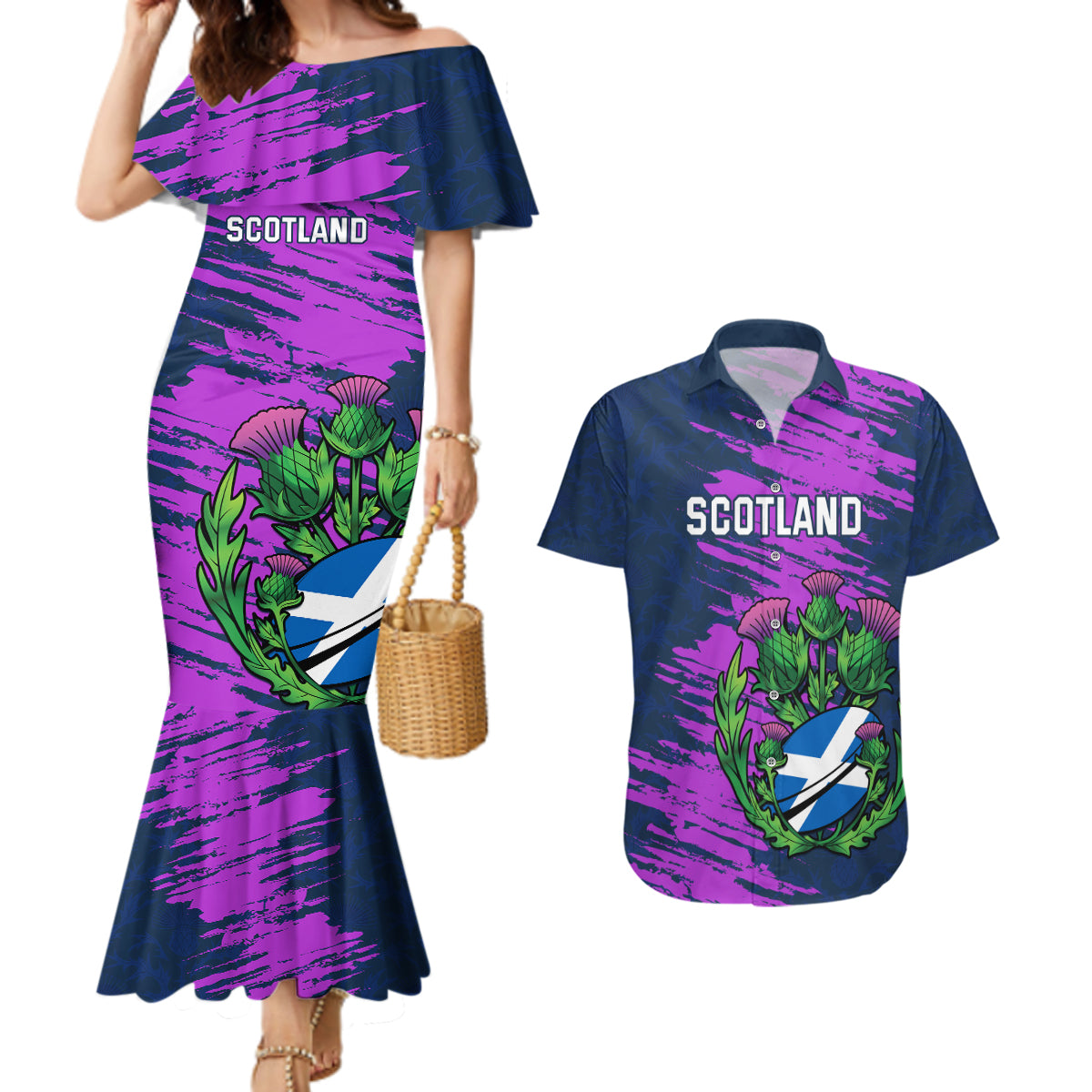 Custom Scotland Rugby Couples Matching Mermaid Dress and Hawaiian Shirt 2024 Six Nations Go Scottish Thistle - Wonder Print Shop