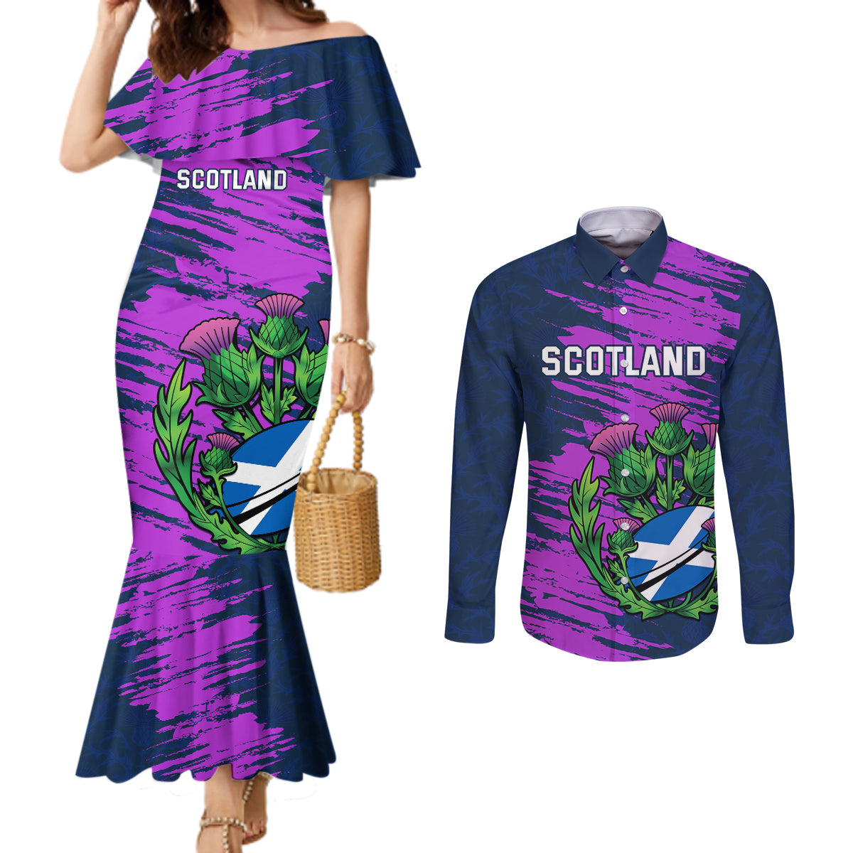 custom-scotland-rugby-couples-matching-mermaid-dress-and-long-sleeve-button-shirt-2024-six-nations-go-scottish-thistle