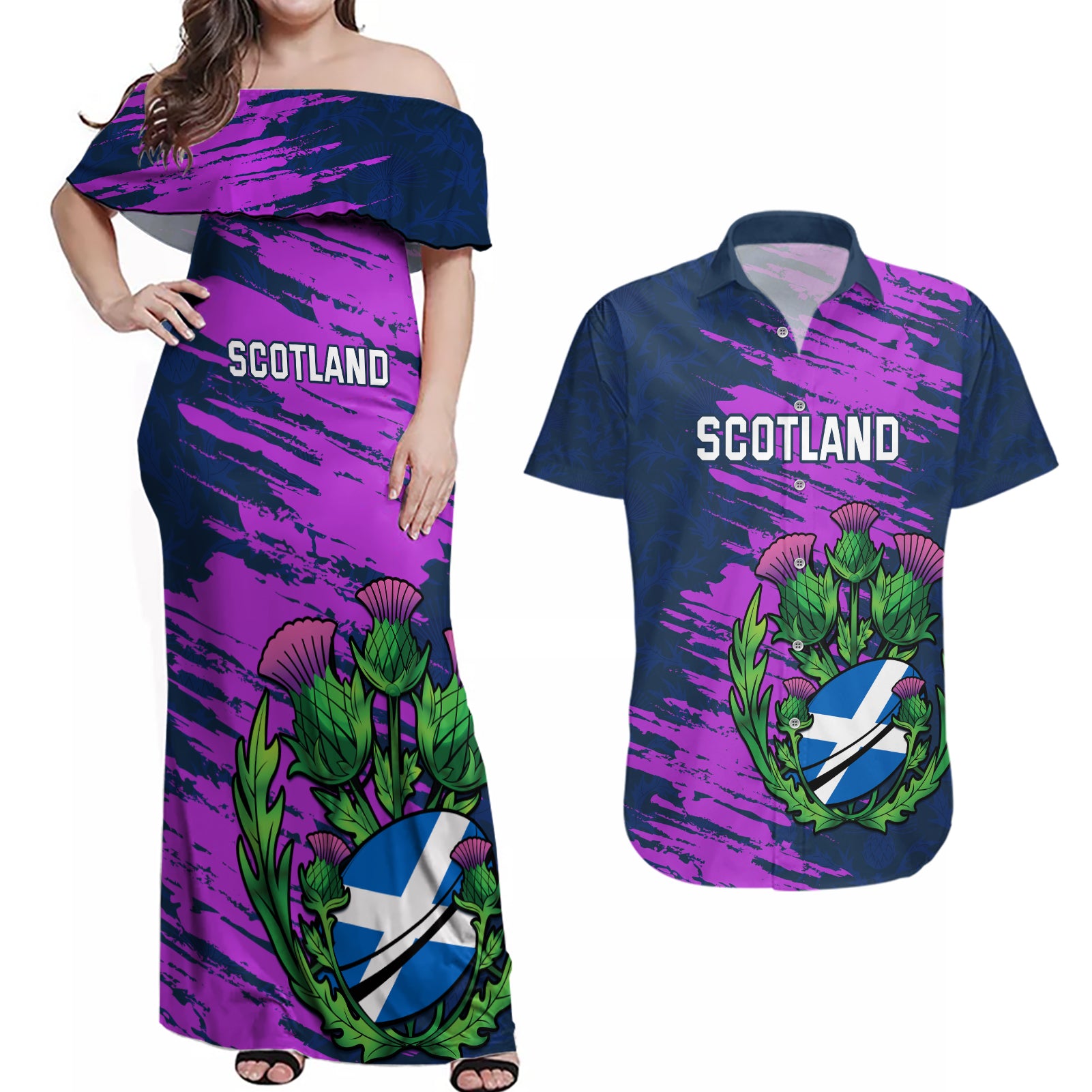 Custom Scotland Rugby Couples Matching Off Shoulder Maxi Dress and Hawaiian Shirt 2024 Six Nations Go Scottish Thistle - Wonder Print Shop