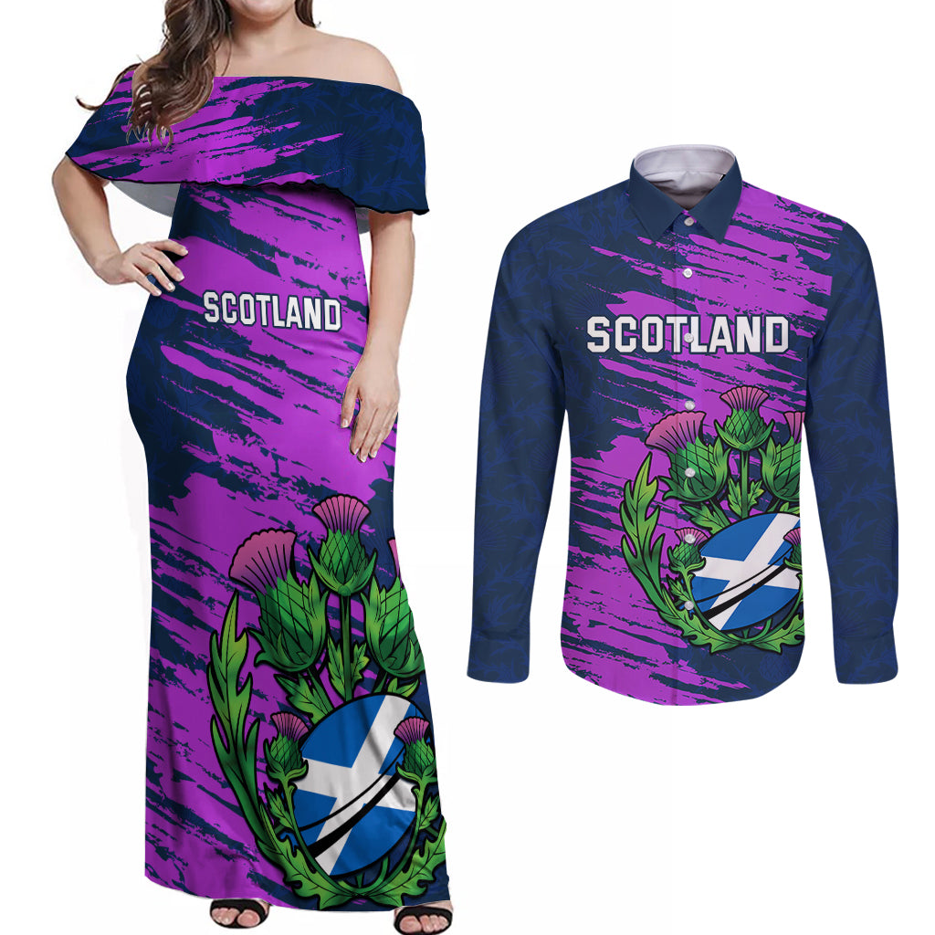 Custom Scotland Rugby Couples Matching Off Shoulder Maxi Dress and Long Sleeve Button Shirt 2024 Six Nations Go Scottish Thistle - Wonder Print Shop