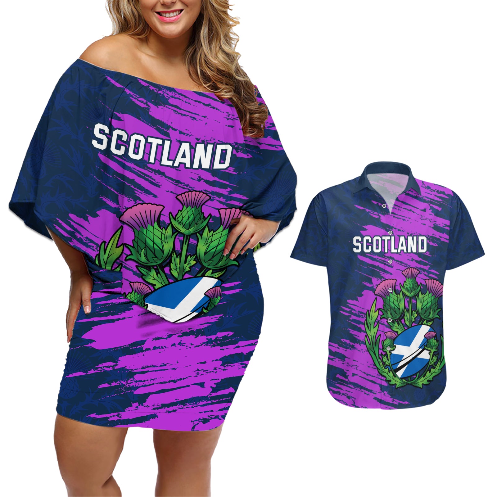 Custom Scotland Rugby Couples Matching Off Shoulder Short Dress and Hawaiian Shirt 2024 Six Nations Go Scottish Thistle - Wonder Print Shop