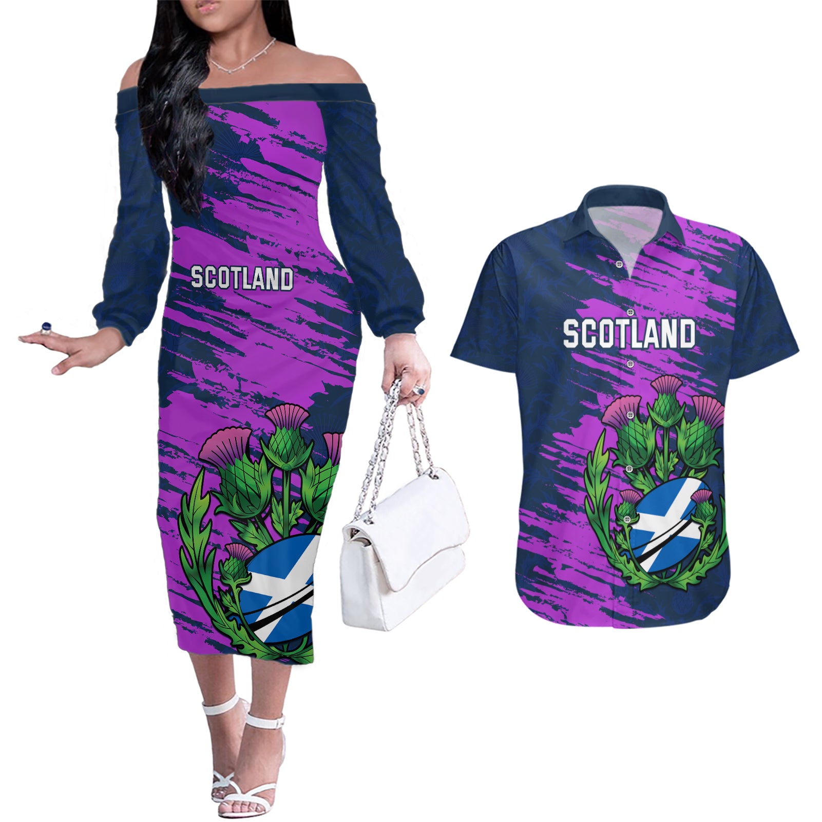 Custom Scotland Rugby Couples Matching Off The Shoulder Long Sleeve Dress and Hawaiian Shirt 2024 Six Nations Go Scottish Thistle - Wonder Print Shop