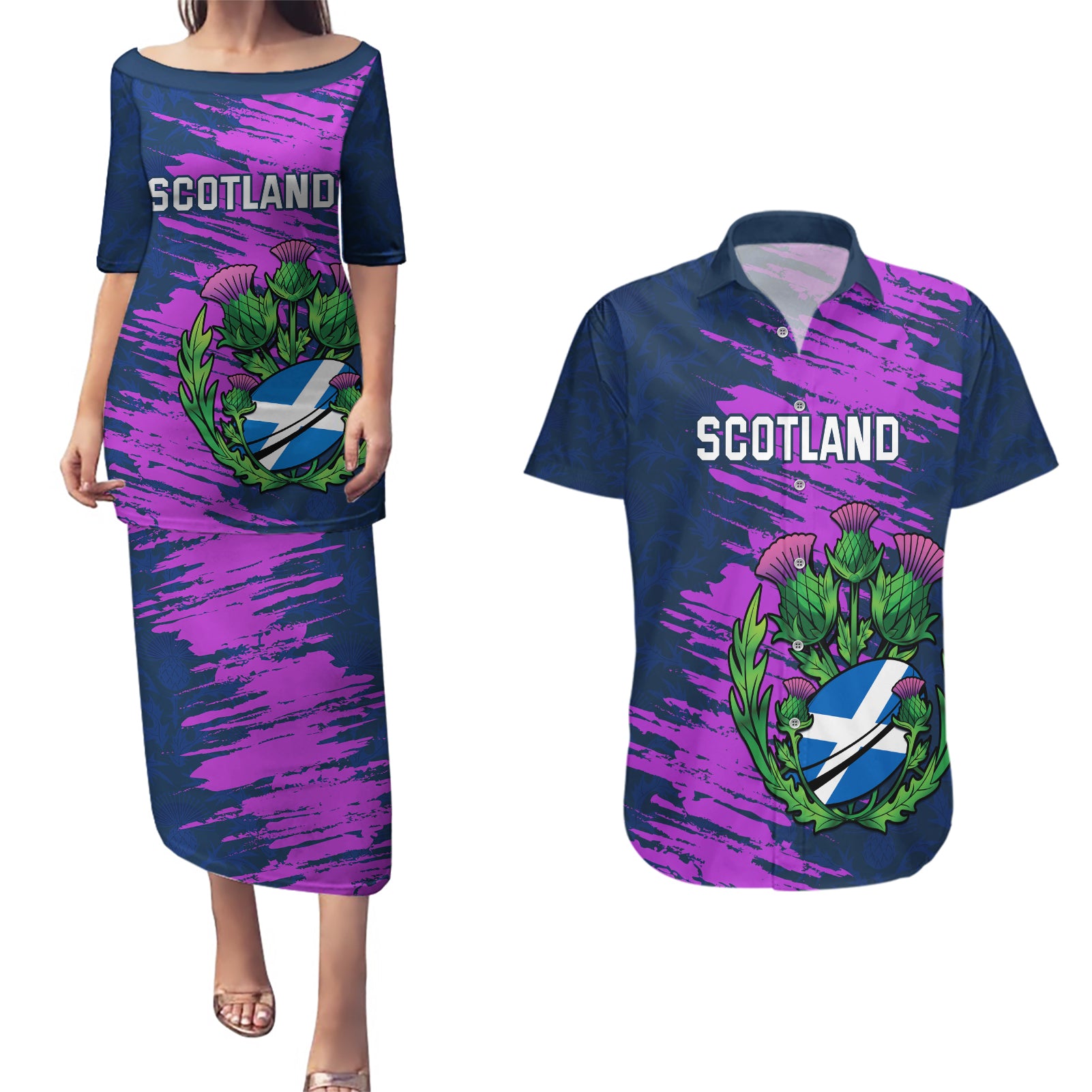 Custom Scotland Rugby Couples Matching Puletasi and Hawaiian Shirt 2024 Six Nations Go Scottish Thistle - Wonder Print Shop