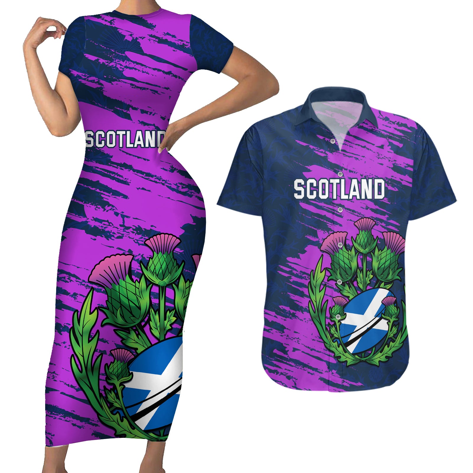 Custom Scotland Rugby Couples Matching Short Sleeve Bodycon Dress and Hawaiian Shirt 2024 Six Nations Go Scottish Thistle - Wonder Print Shop