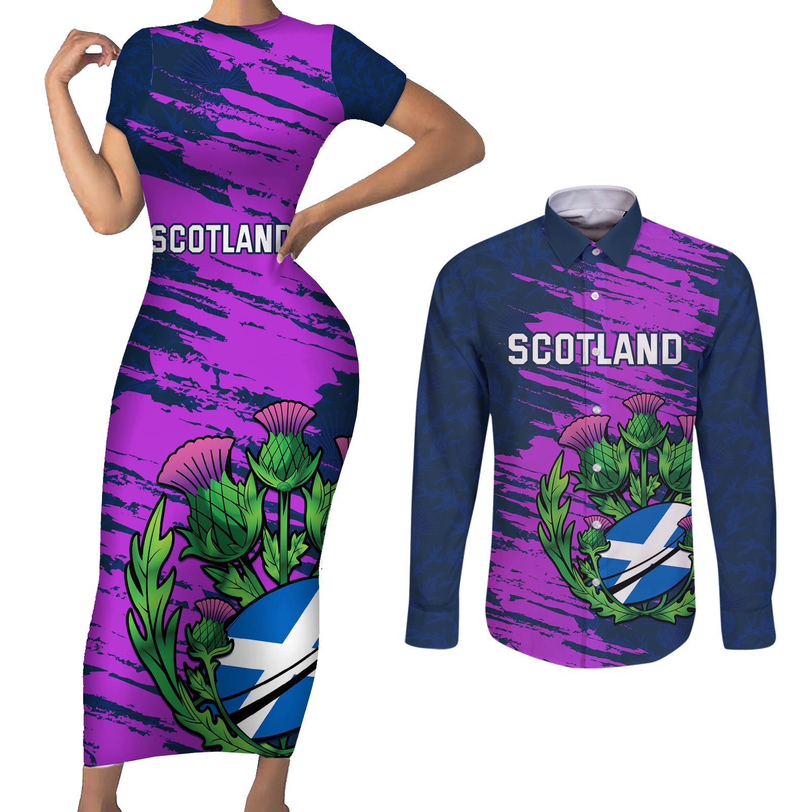 Custom Scotland Rugby Couples Matching Short Sleeve Bodycon Dress and Long Sleeve Button Shirt 2024 Six Nations Go Scottish Thistle - Wonder Print Shop