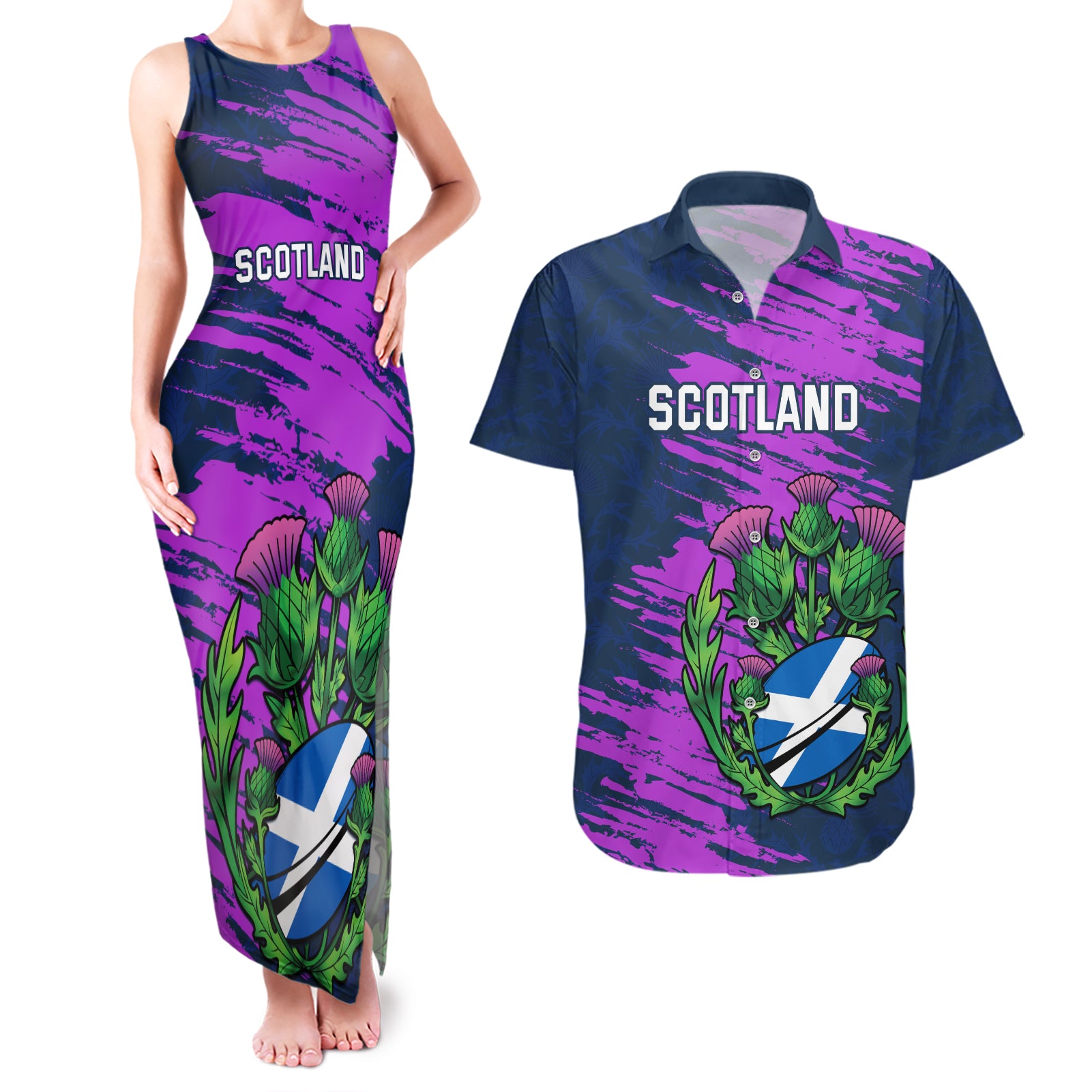 Custom Scotland Rugby Couples Matching Tank Maxi Dress and Hawaiian Shirt 2024 Six Nations Go Scottish Thistle - Wonder Print Shop