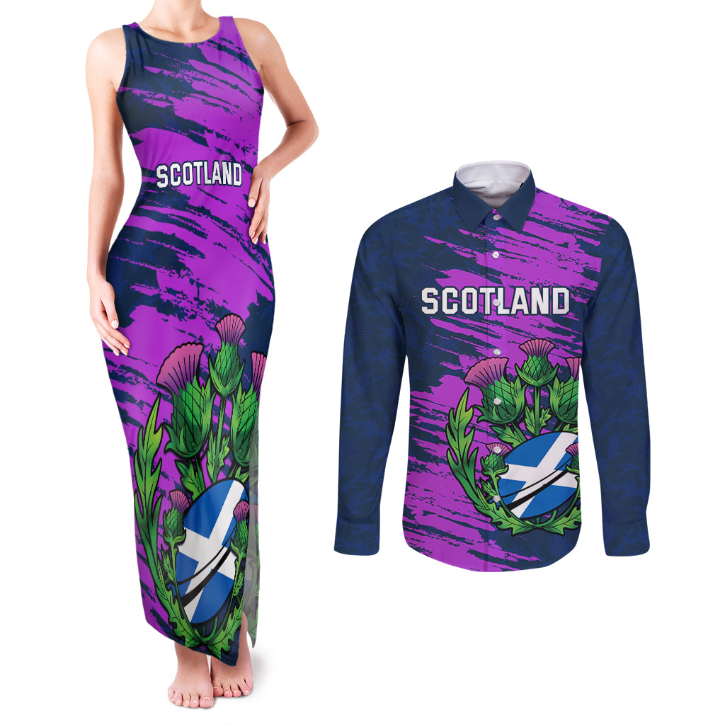 Custom Scotland Rugby Couples Matching Tank Maxi Dress and Long Sleeve Button Shirt 2024 Six Nations Go Scottish Thistle - Wonder Print Shop