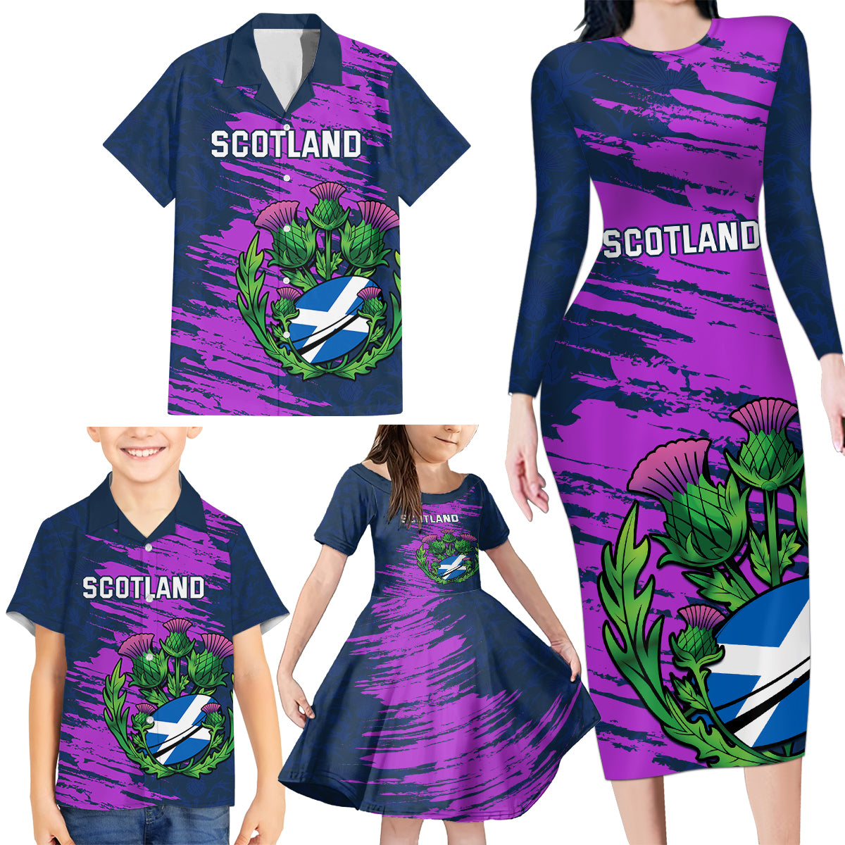 Custom Scotland Rugby Family Matching Long Sleeve Bodycon Dress and Hawaiian Shirt 2024 Six Nations Go Scottish Thistle - Wonder Print Shop