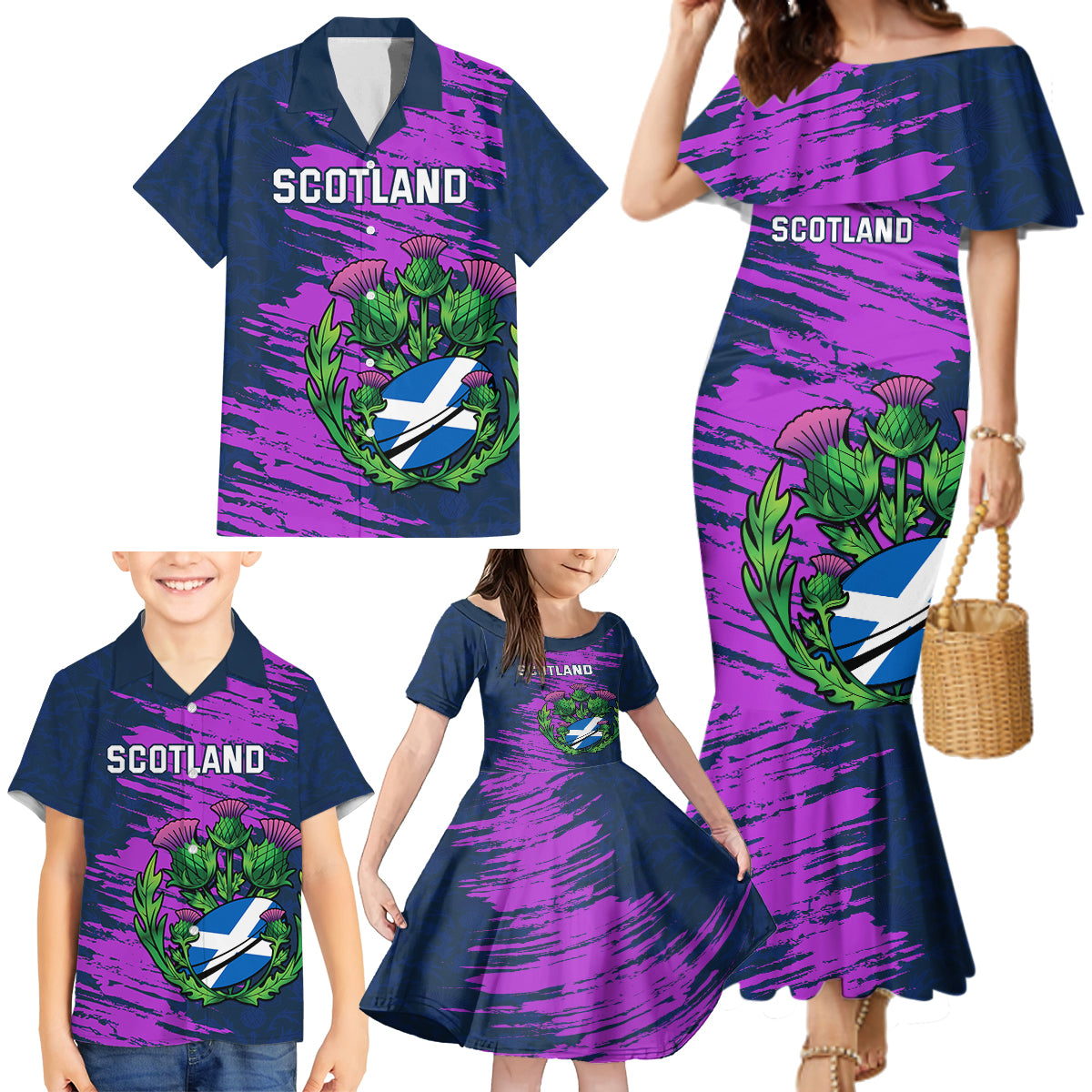 Custom Scotland Rugby Family Matching Mermaid Dress and Hawaiian Shirt 2024 Six Nations Go Scottish Thistle - Wonder Print Shop