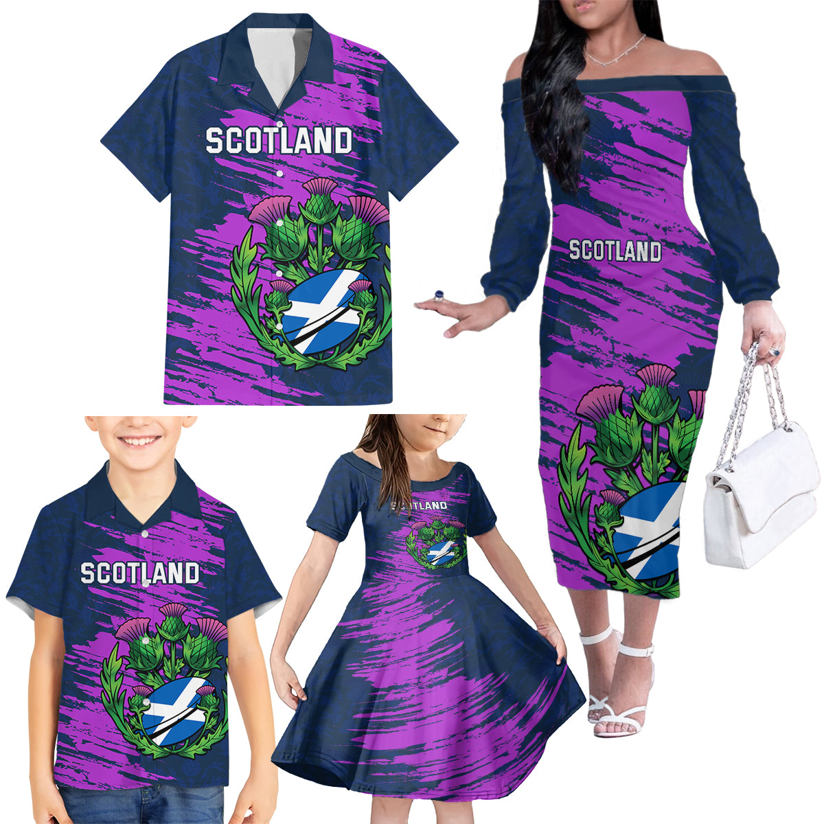 Custom Scotland Rugby Family Matching Off Shoulder Long Sleeve Dress and Hawaiian Shirt 2024 Six Nations Go Scottish Thistle - Wonder Print Shop