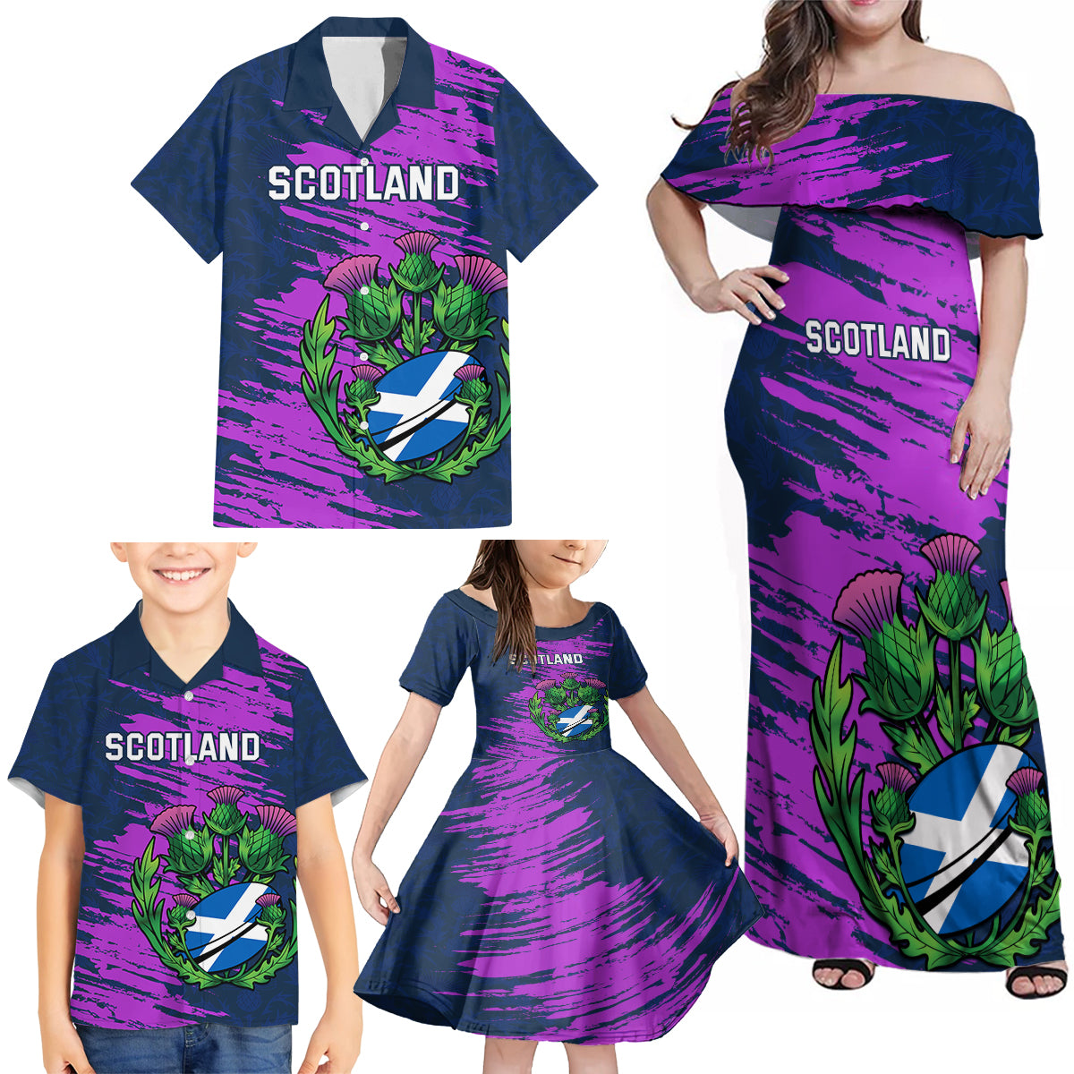 Custom Scotland Rugby Family Matching Off Shoulder Maxi Dress and Hawaiian Shirt 2024 Six Nations Go Scottish Thistle - Wonder Print Shop