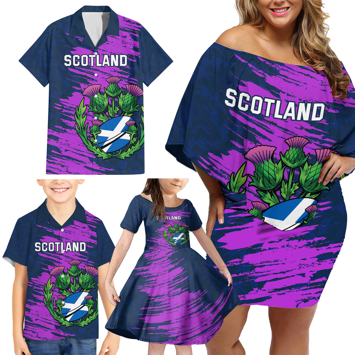 Custom Scotland Rugby Family Matching Off Shoulder Short Dress and Hawaiian Shirt 2024 Six Nations Go Scottish Thistle - Wonder Print Shop