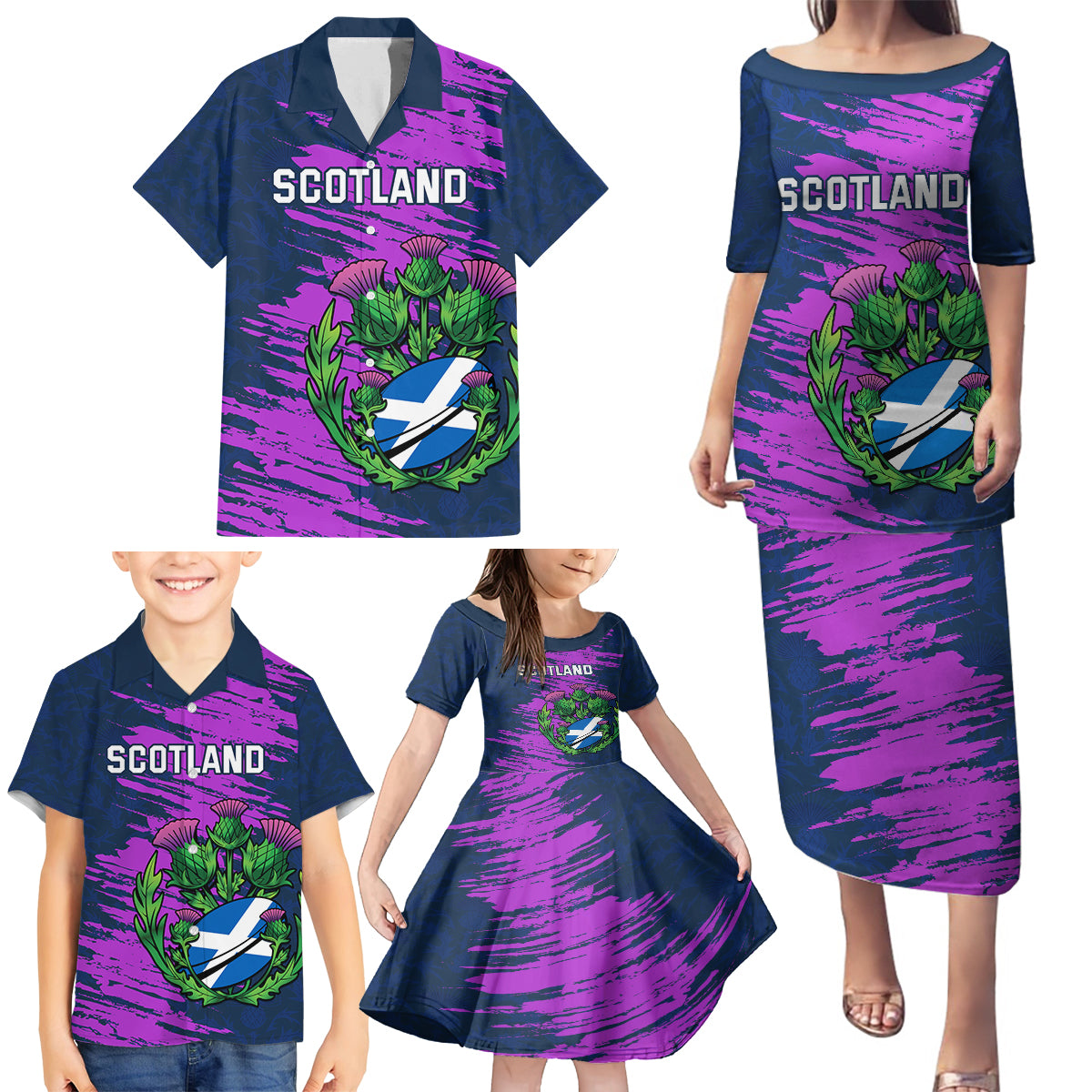 Custom Scotland Rugby Family Matching Puletasi and Hawaiian Shirt 2024 Six Nations Go Scottish Thistle - Wonder Print Shop