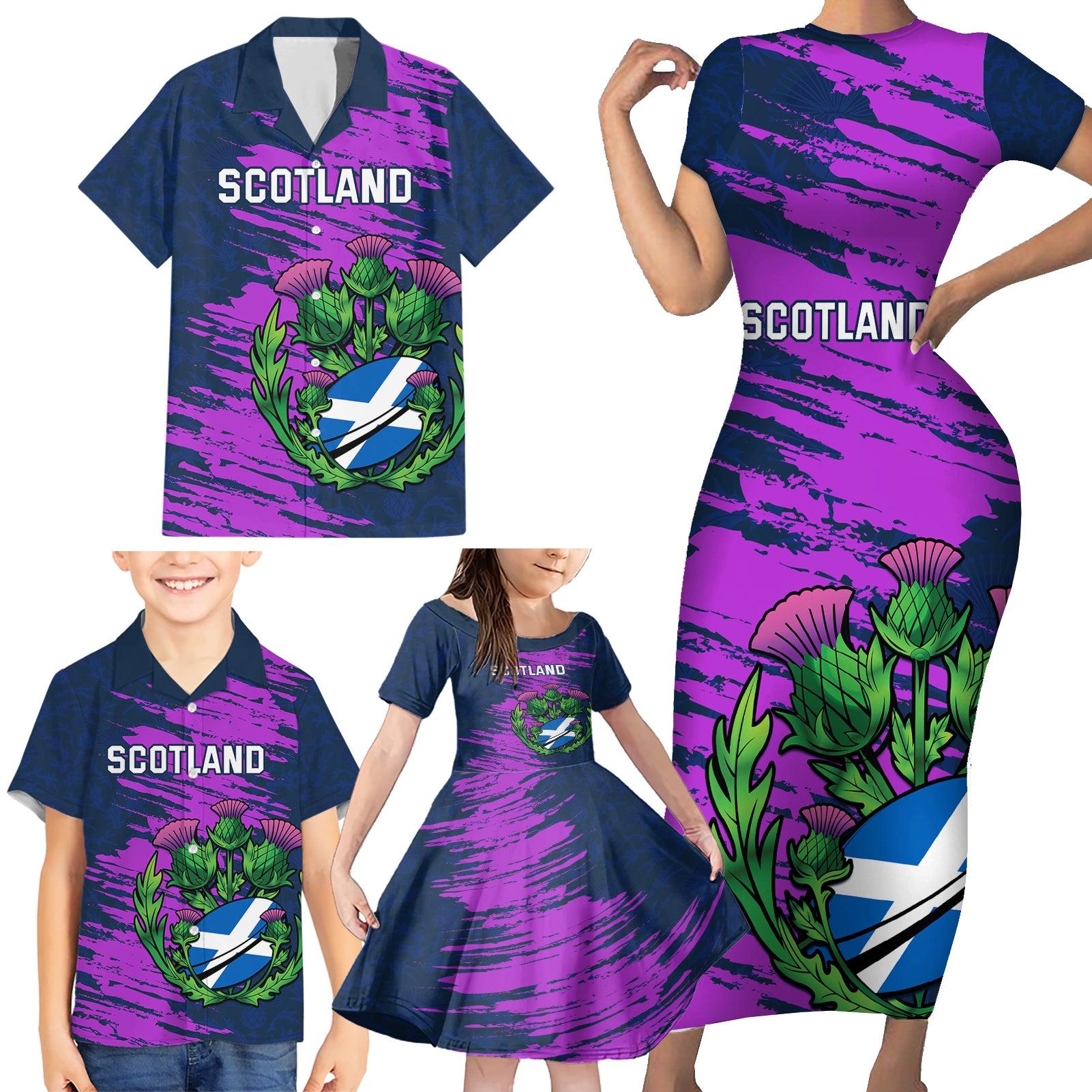 Custom Scotland Rugby Family Matching Short Sleeve Bodycon Dress and Hawaiian Shirt 2024 Six Nations Go Scottish Thistle - Wonder Print Shop