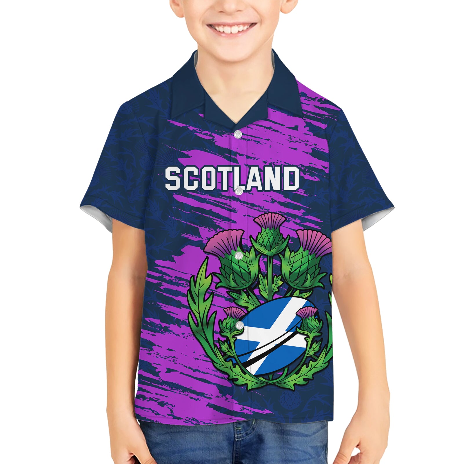 Custom Scotland Rugby Kid Hawaiian Shirt 2024 Six Nations Go Scottish Thistle - Wonder Print Shop