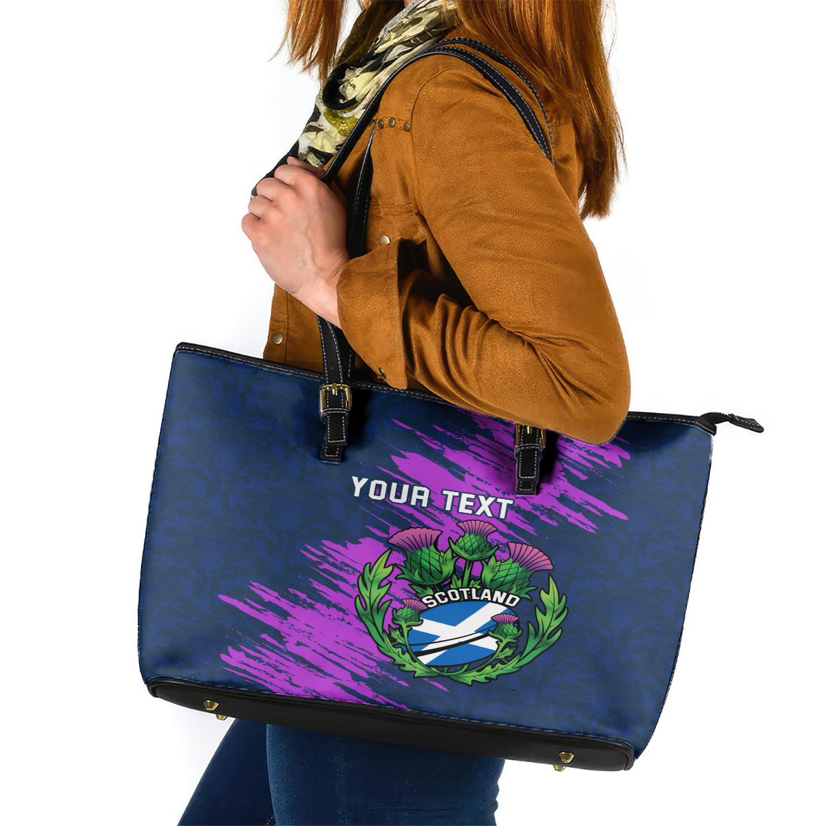 Custom Scotland Rugby Leather Tote Bag 2024 Six Nations Go Scottish Thistle - Wonder Print Shop