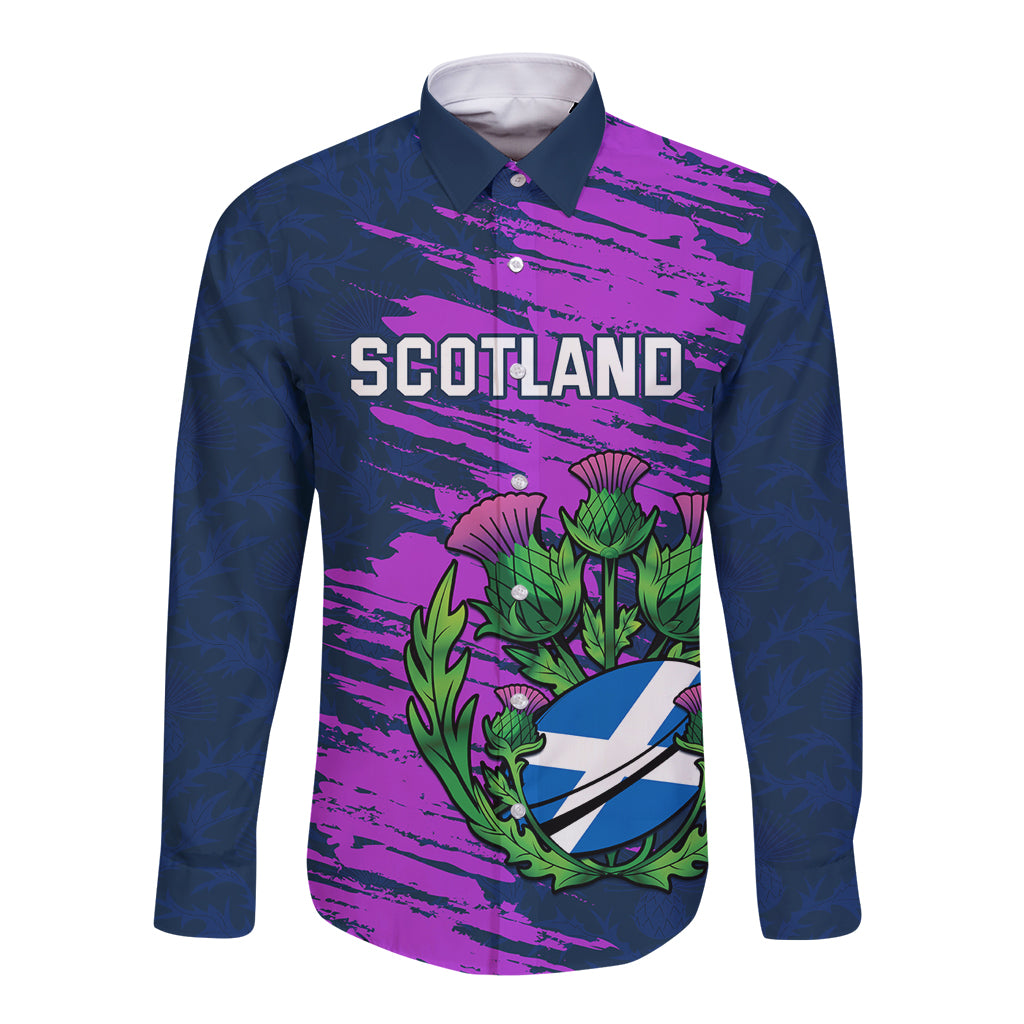 Long sleeve rugby button shirt, navy blue with purple Scotland graphic and thistle.