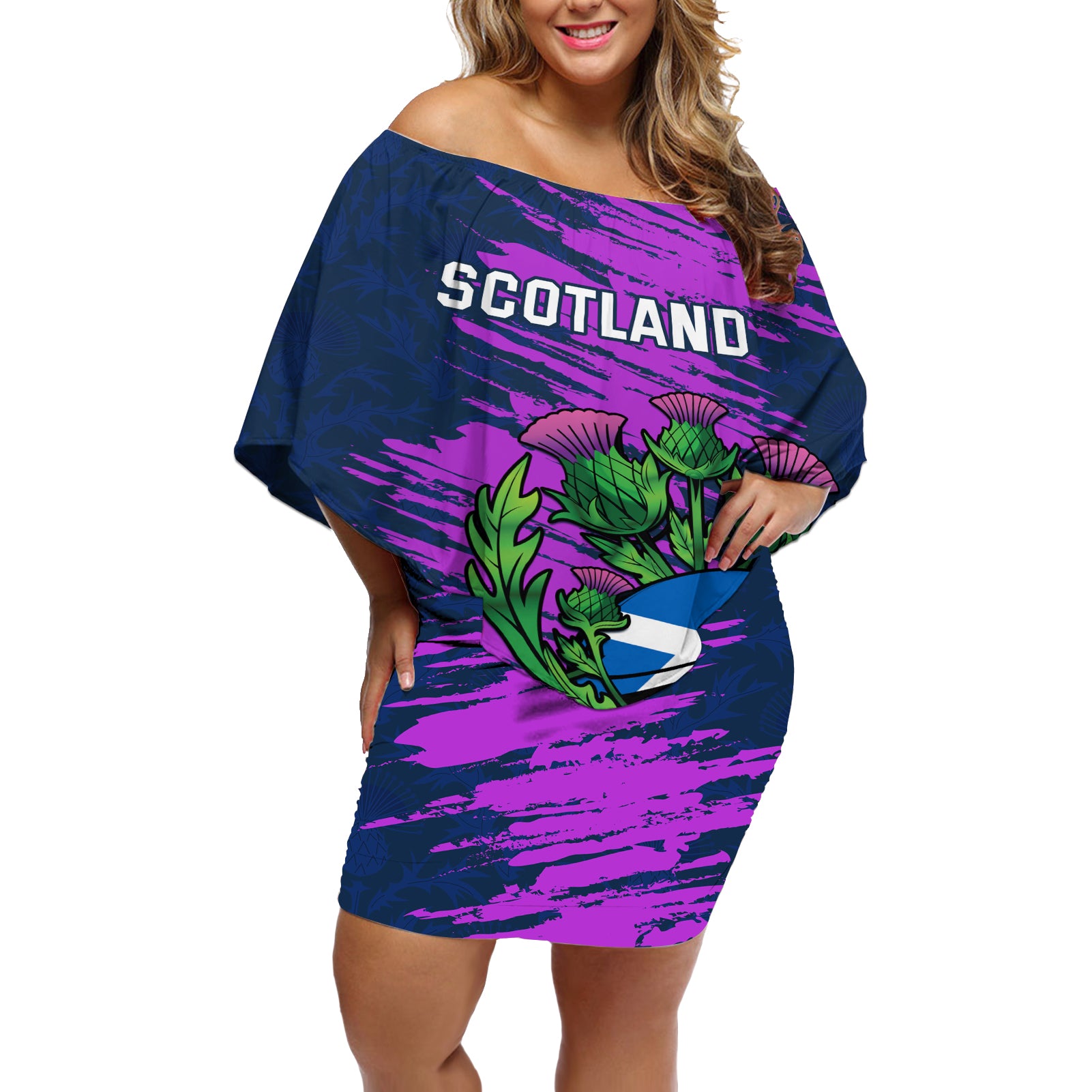 Custom Scotland Rugby Off Shoulder Short Dress 2024 Six Nations Go Scottish Thistle - Wonder Print Shop