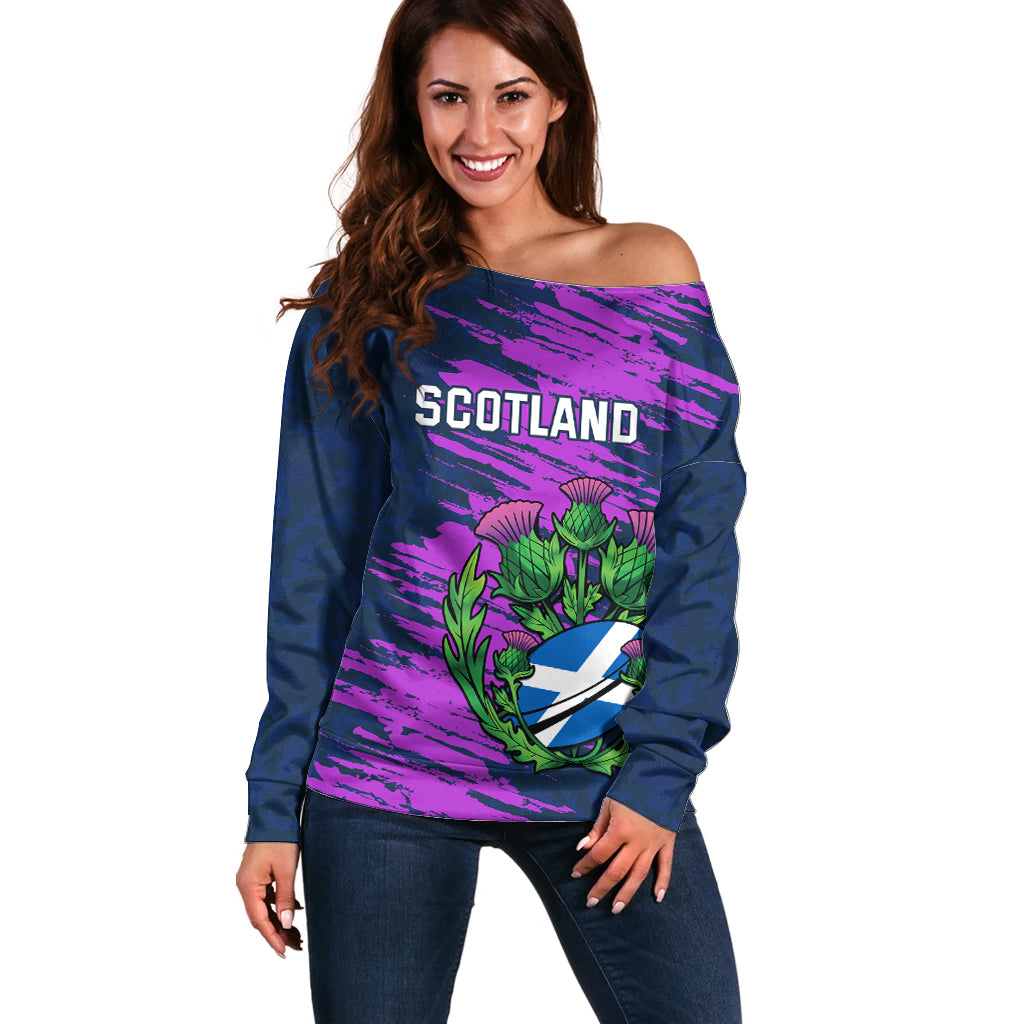 Custom Scotland Rugby Off Shoulder Sweater 2024 Six Nations Go Scottish Thistle - Wonder Print Shop