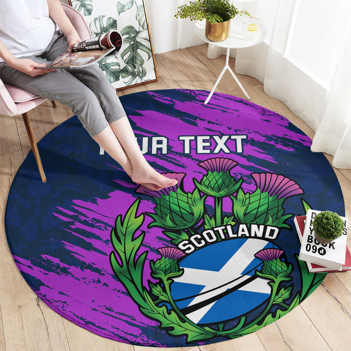 Navy round carpet with purple splatter, green thistle and Scotland shield, YOUR TEXT