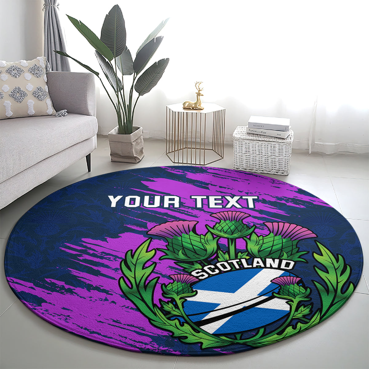 Navy round carpet with purple splatter, green thistle and Scotland crest, YOUR TEXT