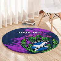 Navy round carpet with purple splatter, green thistle and Scotland crest, YOUR TEXT