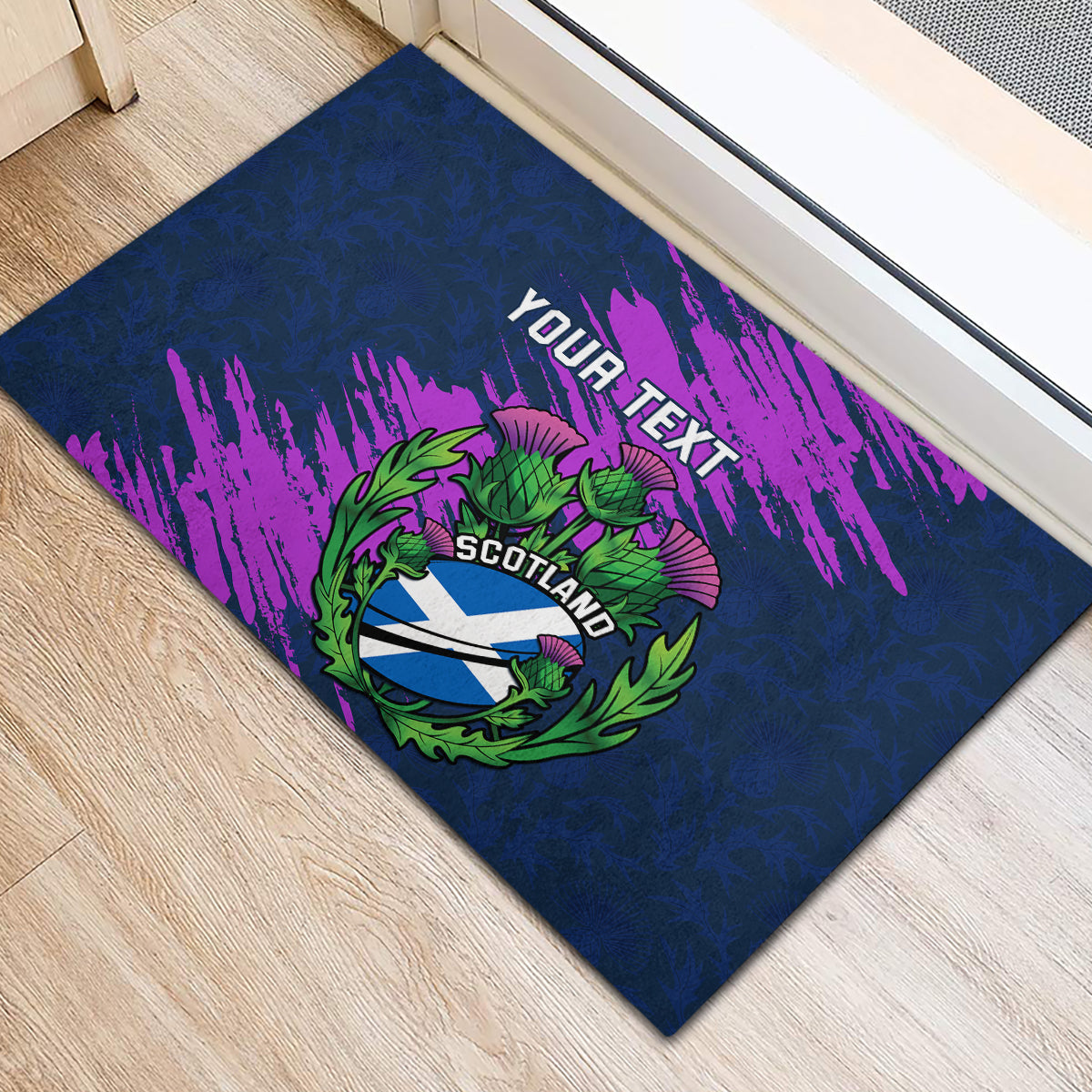 Navy rubber doormat with purple brush stripes, Scotland crest and your text, angled