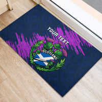 Navy rubber doormat with purple brush stripes, Scotland crest and your text, angled