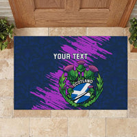 Navy rubber doormat featuring Scotland crest, purple brush stripes, and your text